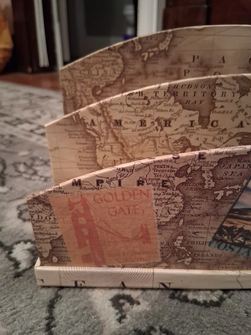 Vintage Travel-Print Wooden Letter Organizer in Beige